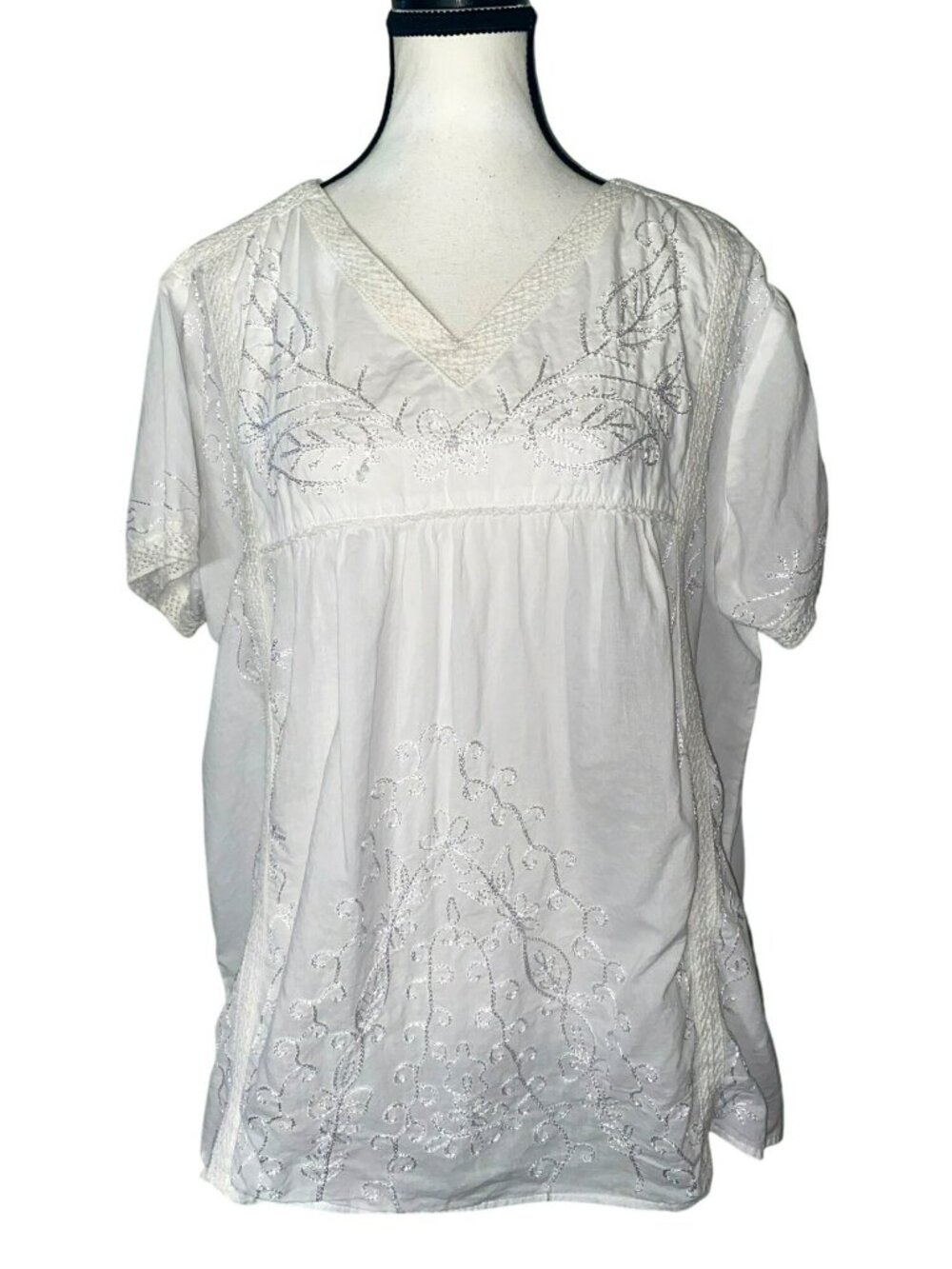 Chic Connection White Embroidered Cotton Short Sleeve Top Size 2X
